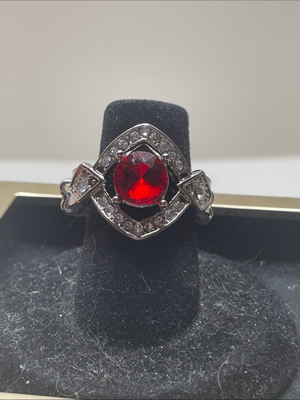 paparazzi Red Rhinestone Halo Ring with Clear Accents